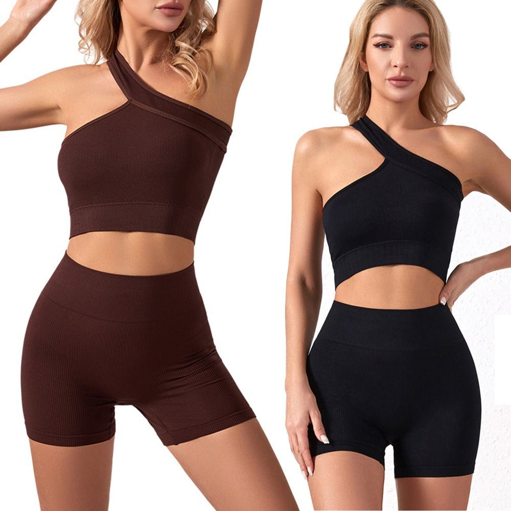 Tank Top Ribbed - 2点セット、カジュアルでシームレスな女性用ワークアウトウェア、ハイウエストのリブ編み、片肩デザインのタンクトップ、ヨガウェア、若者向け。