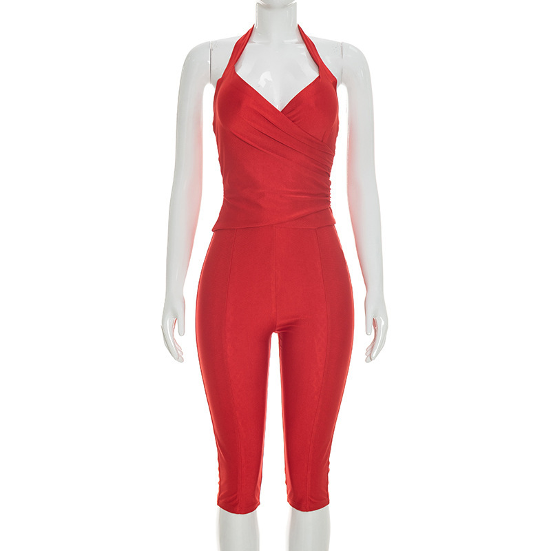スリム2ピースセット レディース 無地 ラップVネック レー - Suspender Tank Top のレビューと価格