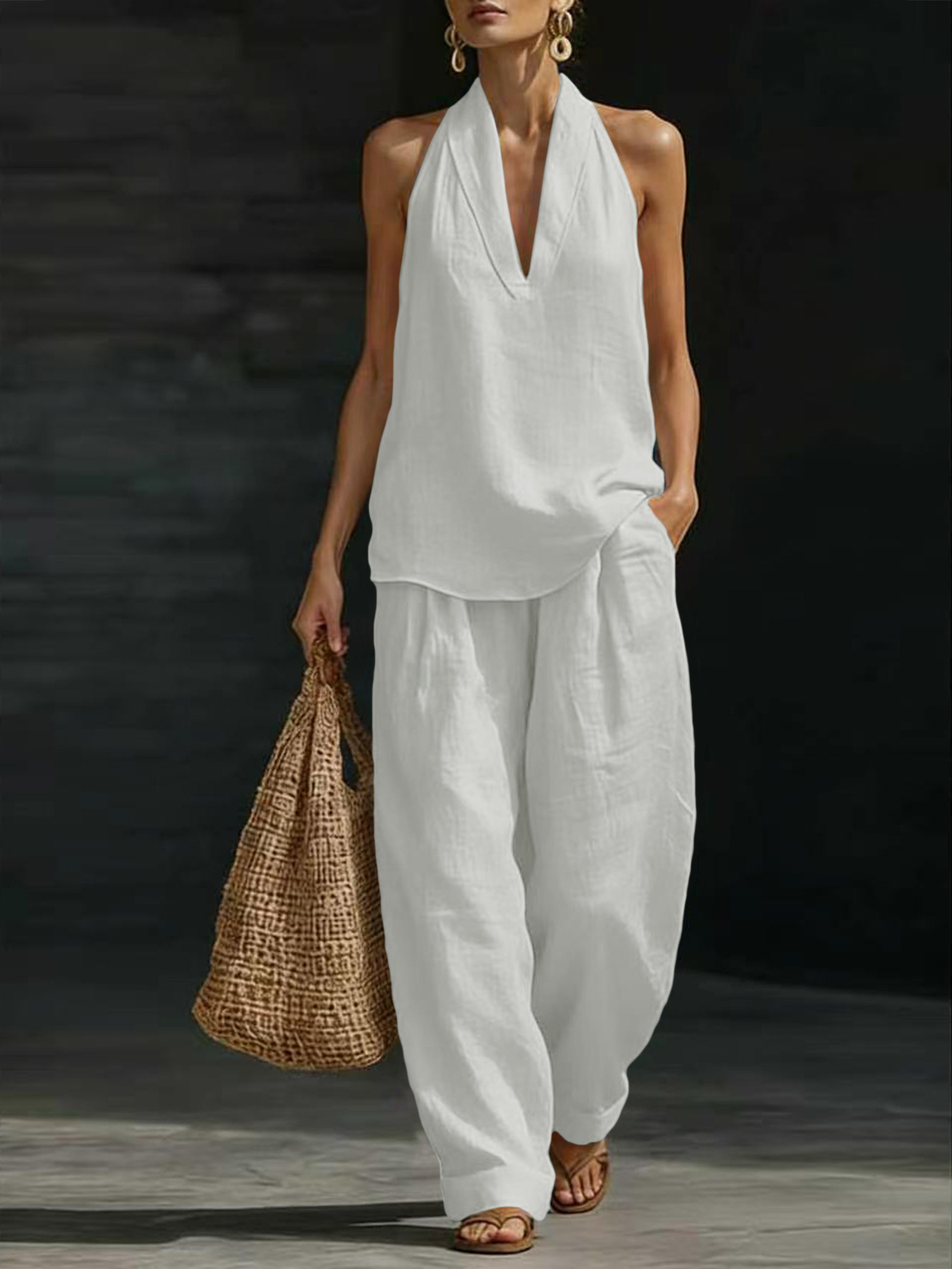 レディースリネン2ピースセット ホルターVネックノースリーブ - Suspender Tank Top のレビューと価格