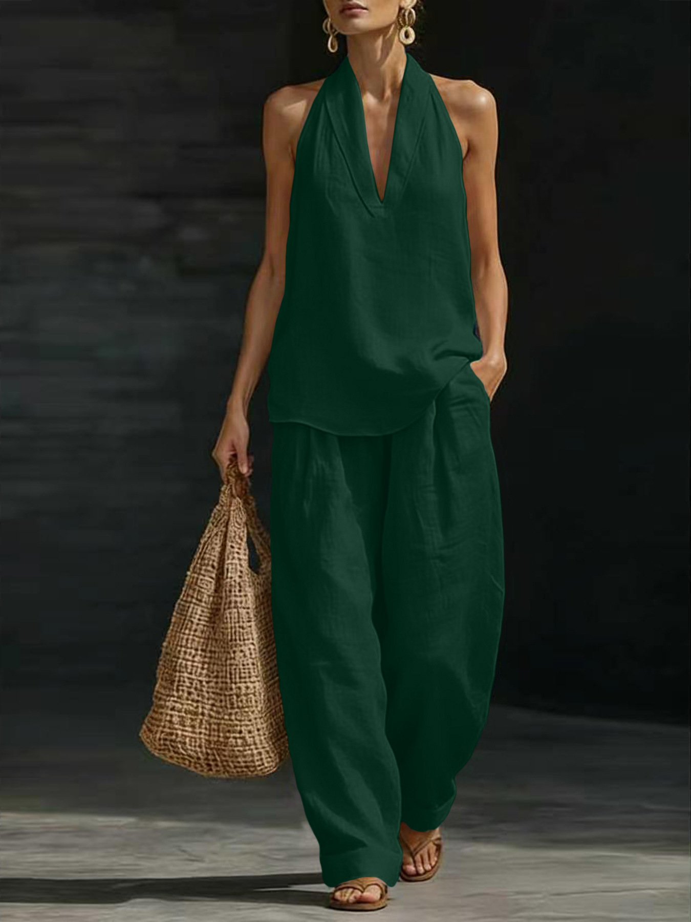 レディースリネン2ピースセット ホルターVネックノースリーブ - Suspender Tank Top のレビューと価格